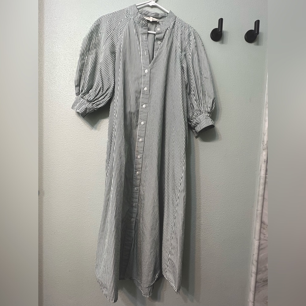 Green striped shirt dress with puff sleeves from The Great